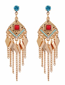 Fashion Red Geometric Diamond Rhinestone Chain Alloy Earrings