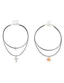 Fashion Black Double Cross Small Daisy Diamond Alloy Necklace Set