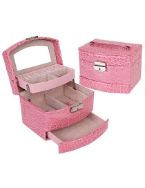 Fashion Pink Crocodile Pattern Leather Three-layer Storage Jewelry Box With Mirror