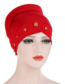 Fashion Red Beaded Flower Sponge Splicing Cross Turban Hat