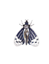 Fashion Dark Blue Diamond Cutout Insect Jewel Pearl Brooch