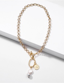 Fashion Golden Natural Baroque Pearl Coin Chain Alloy Necklace