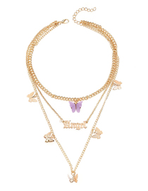 Fashion Purple Alloy Resin Three-dimensional Butterfly Alphabet Multi-layer Necklace