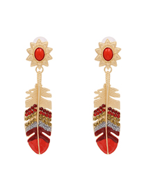 Fashion Red Feather Color Oiled Diamond-set Geometric Earrings