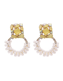 Fashion Yellow Geometric Pearl And Diamond Hollow Alloy Earrings