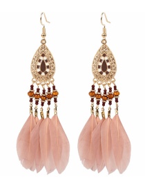 Fashion Pink Drop-shaped Feather Beaded Alloy Earrings