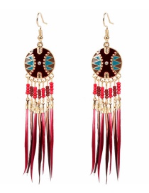Fashion Red Tassel Feather Pearl Drop Oil Round Alloy Earrings