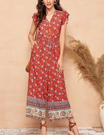 Fashion Red Lotus Leaf Sleeve Fungus Single Row Button Floral Strappy Jumpsuit