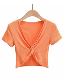 Fashion Orange Cross-shrink V-neck Short Slim T-shirt