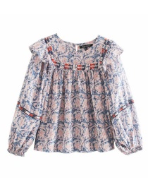 Fashion Pink Blue Embroidered Printed Ruffled Shirt