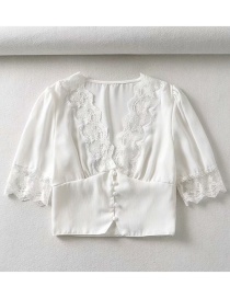 Fashion White Lace Stitching French V-neck Shirt