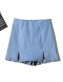 Fashion Light Blue Washed Double Slit Jeans Skirt