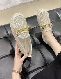 Fashion Creamy-white Letter Chain Round Head Flat Bottom Breathable Lace Mesh Single Shoes  Artificial Pu