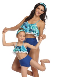 Fashion Blue Ball Hollow Printed Hanging Neck High Waist Parent-child Split Swimsuit  Nylon