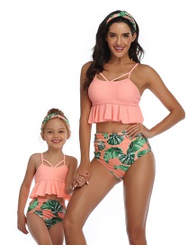 Fashion Orange Ruffled Printed Hollow Parent-child Split Swimsuit  Nylon