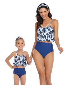 Fashion Blue Ruffled Printed Hollow Parent-child Split Swimsuit  Nylon
