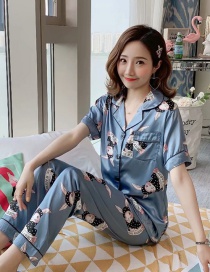 Fashion Blue English Rabbit Ice Silk Short Sleeve Printed Cardigan Pajama Set  Silk