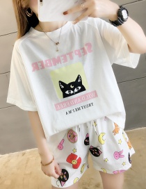 Fashion White Cat Head Cotton Loose-fitting Thin-print Printed Home Wear Pajamas Set  Knitted Cotton