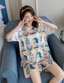 Fashion Doraemon Ice Silk Thin Short-sleeved Printed Large Size Home Service Suit  Silk