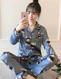 Fashion Blue English Rabbit Long-sleeved Artificial Silk Plus Size Thin Printed Pajamas Suit  Silk