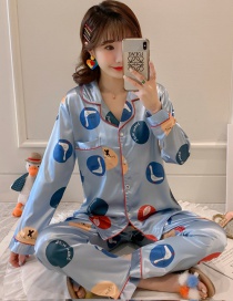 Fashion Blue Circle Long-sleeved Artificial Silk Plus Size Thin Printed Pajamas Suit  Silk