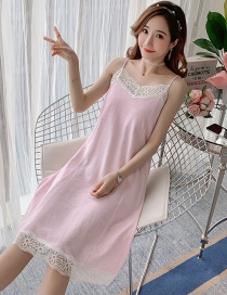 Fashion Pink Chest Pad Thin Cotton Lace Suspender Nightdress With Chest Pad  Cotton
