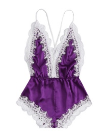 Fashion Purple Lace Satin Oily Cloth Piece Pajamas