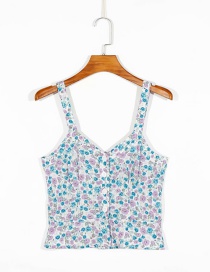Fashion Blue Single-breasted Tank Top With Floral Print Strap
