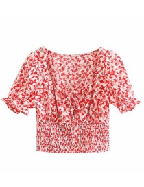 Fashion Red Floral Print Elastic Shirt Top