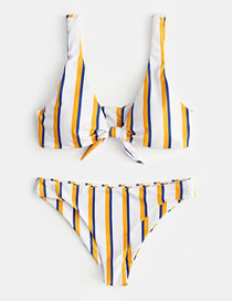 Fashion Yellow Striped Printed Knotted Split Swimsuit