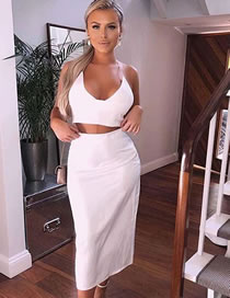 Fashion White Strap V-neck Exposed Navel Hanging Neck Two-piece Skirt