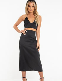 Fashion Black Strap V-neck Exposed Navel Hanging Neck Two-piece Skirt