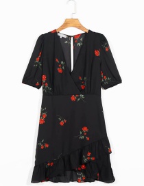 Fashion Black Floral Print V-neck Pullover Dress