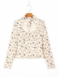 Fashion Beige Floral Print Hollow Pullover Long Sleeve Shirt