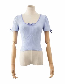 Fashion Blue Bow-knit Slim-fit U-neck Short-sleeved T-shirt