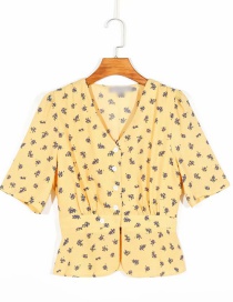 Fashion Yellow Single-breasted Shirt With Floral Print V-neck