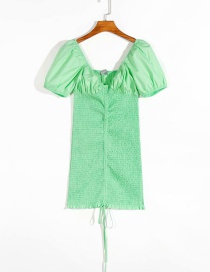 Fashion Green Pleated V-neck Bubble Sleeve Lace Dress