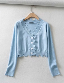 Fashion Blue V-neck Single-breasted Irregular Sweater Sweater