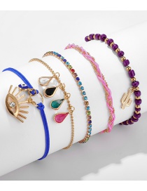 Fashion Color Mixing Braided Rope Droplet Diamond Tassel Eye Cactus Anklet Set