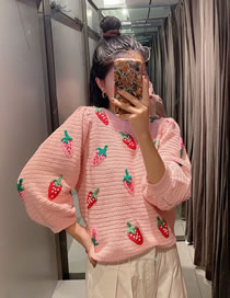 Fashion Pink Strawberry Pattern Stitching Crew Neck Sweater