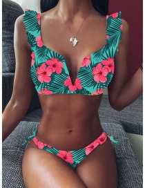 Fashion Blue And Green Red Flowers Three-point Split Swimsuit