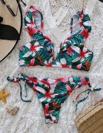 Fashion White And Pink Flowers On Blue And Green Background Three-point Split Swimsuit