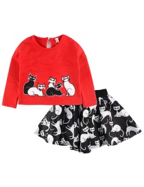 Fashion Red Cartoon Cat Sleeve Printed Short Skirt T-shirt 2 Piece Set