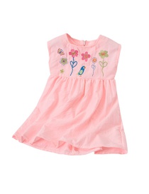 Fashion Pink Children's Cartoon Flower Embroidery Sleeveless Dress