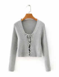 Fashion Gray Breathable Lace Up Long Sleeve Sweater