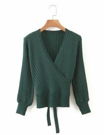 Fashion Dark Green Kimono V-neck Lace Up Long Sleeve Sweater