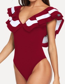 Fashion Red Wine Ruffled V-neck Sleeveless One-piece Swimsuit