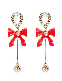 Fashion Red Alloy Acrylic Diamond Bow Earrings