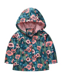 Fashion Blue Spring And Autumn Sleeve Printed Hooded Jacket