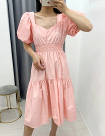 Fashion Pink V-neck Lantern Sleeve Dress